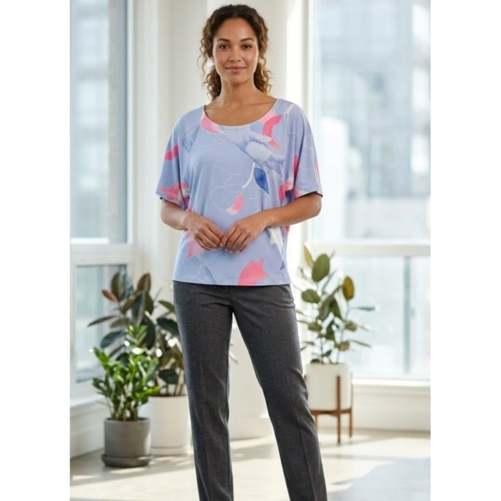 Clara Sunwoo Blouse Womens L Blue Pink Abstract Floral Dolman Sleeve Top